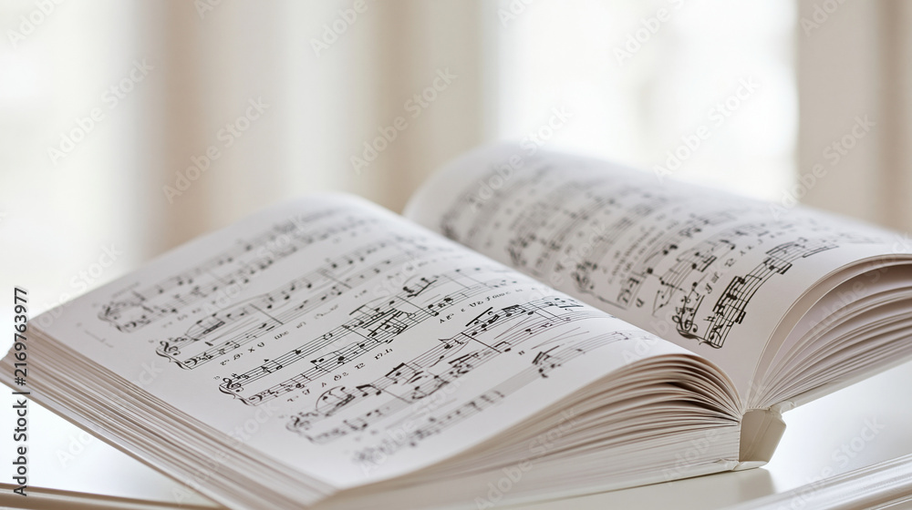 Fototapeta premium Open sheet music book displaying musical notation, clefs, and notes, representing composition, practice, performance, and the joy of creating music, copy space