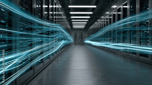 Abstract blue light trails flowing through a modern data center server room