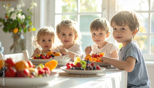 Four happy young children enjoying a healthy breakfast with fresh fruit.