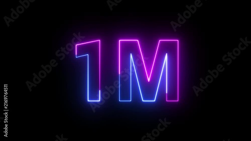 1M Blue and Pink Neon Milestone Animation with Glowing Number on Dark Background. Ideal for subscriber celebrations, social media achievements and digital promotions.