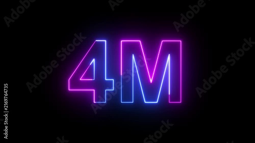 4M Blue and Pink Neon Milestone Animation with Glowing Number on Dark Background. Ideal for subscriber celebrations, social media achievements and digital promotions.