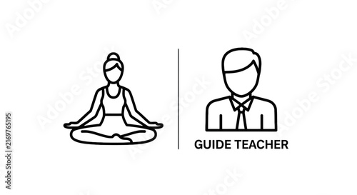 Yoga meditation pose and guide teacher outline icons vector illustration with lotus pose teacher icon vector graphic people icon business person