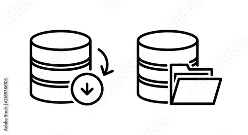 Black outline vector icon set depicting database server storage backup and folder management with data server rack file folder directory ico