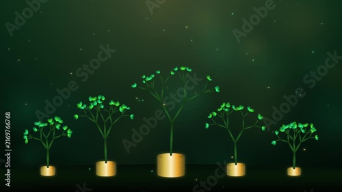 Financial growth concept with golden coin trees and floating particles on dark green background