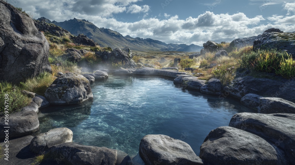 Fototapeta premium A tranquil, steaming hot spring nestled amidst rugged terrain under a cloudy blue sky