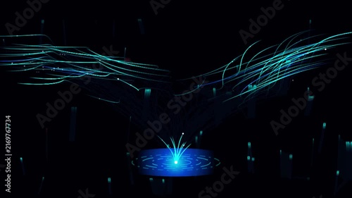 Abstract digital data flow animation with glowing fiber optic lines and network connectivity nodes