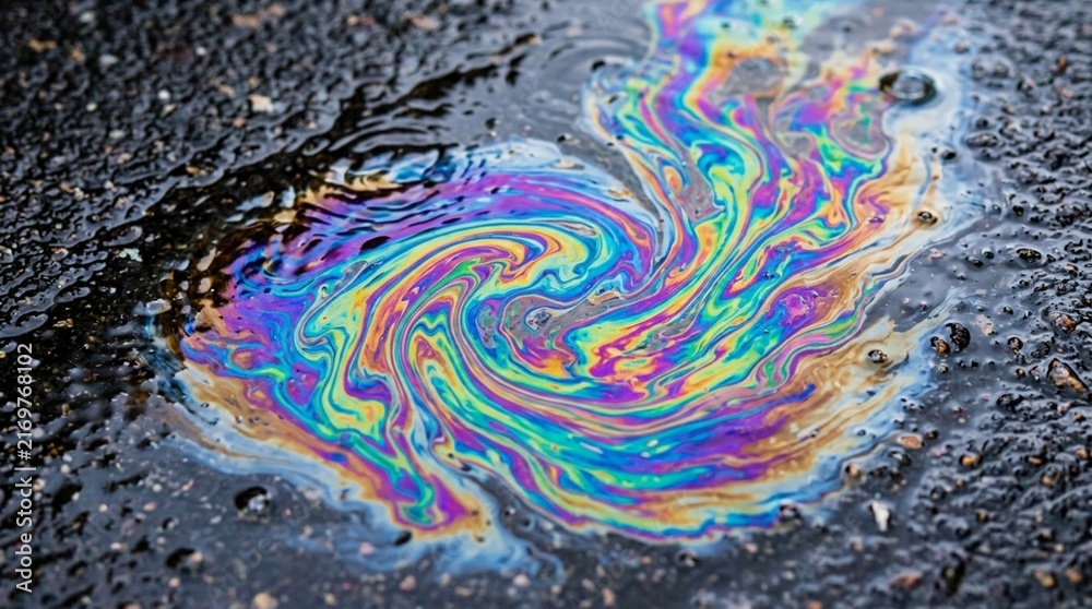 Fototapeta premium Iridescent Oil Slick Swirl on Wet Asphalt Surface