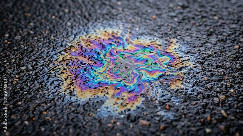 Fototapeta premium Iridescent Oil Spill on Asphalt - Colorful Petrochemical Pattern