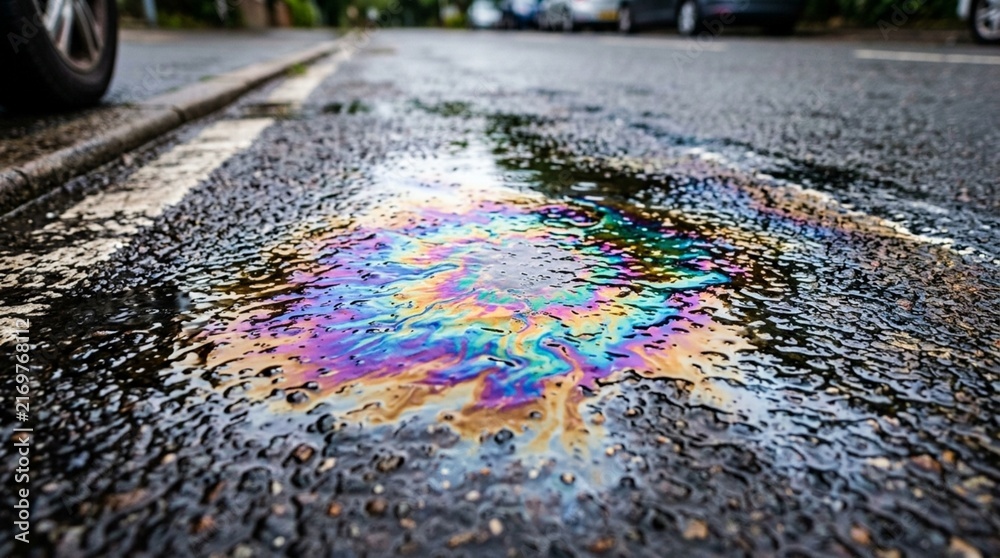 Naklejka premium Iridescent Oil Spill on Asphalt Road Surface, Colorful Pollution Pattern