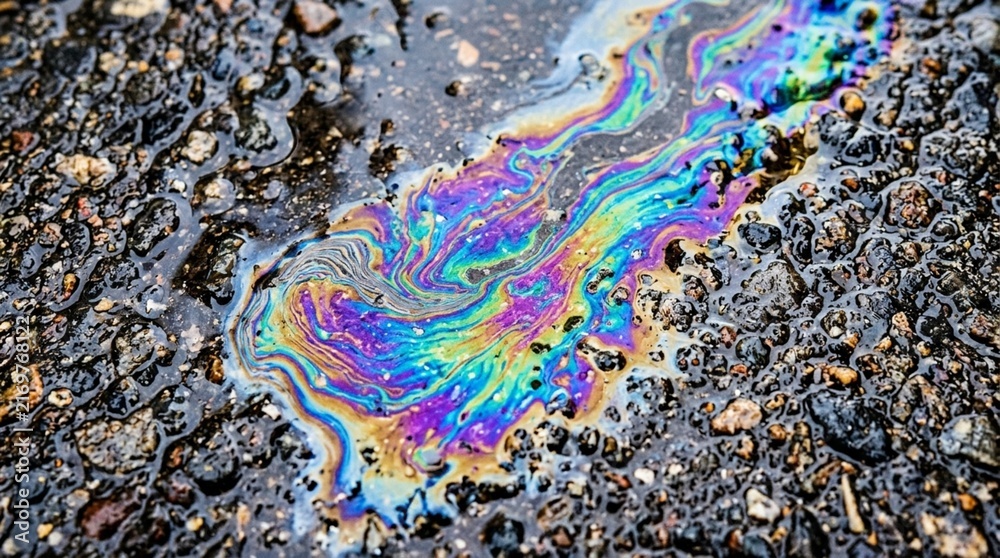 Naklejka premium Iridescent Oil Spill on Asphalt, Rainbow Sheen