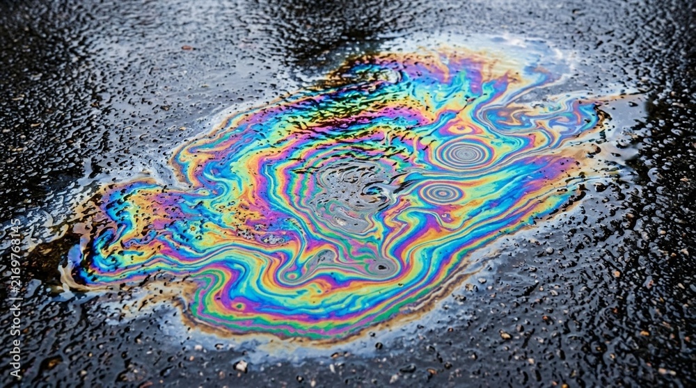 Fototapeta premium Iridescent Oil Spill on Wet Asphalt, Colorful Rainbow Sheen