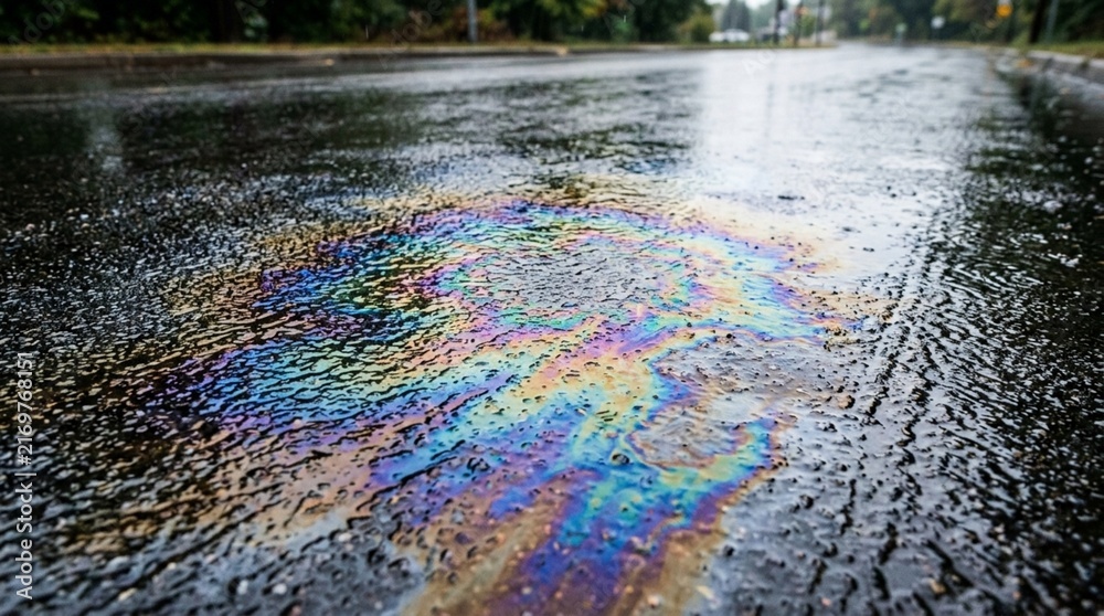Fototapeta premium Oil Slick on Wet Asphalt Road, Colorful Rainbow Sheen Reflecting Light