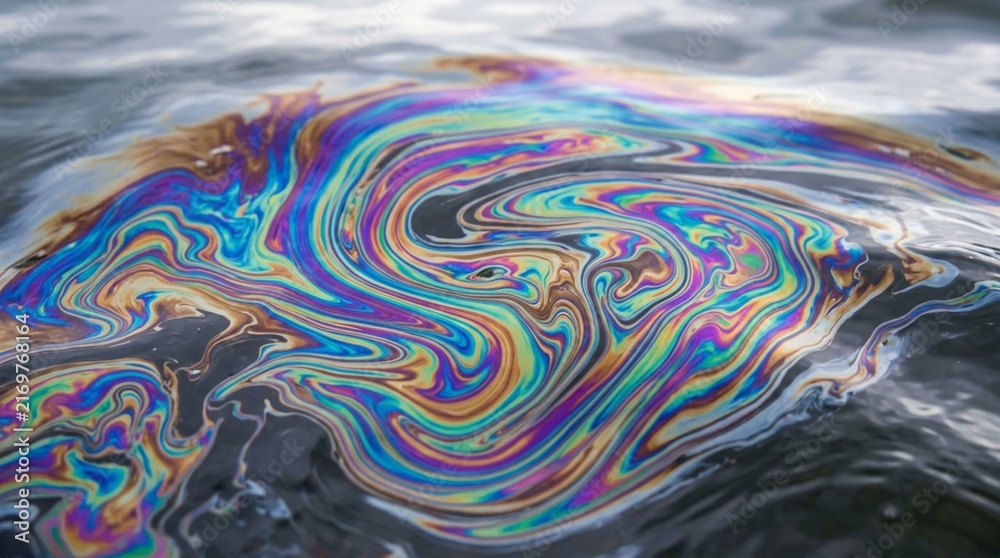 Fototapeta premium Iridescent Oil Spill on Water Surface, Abstract Swirls of Color