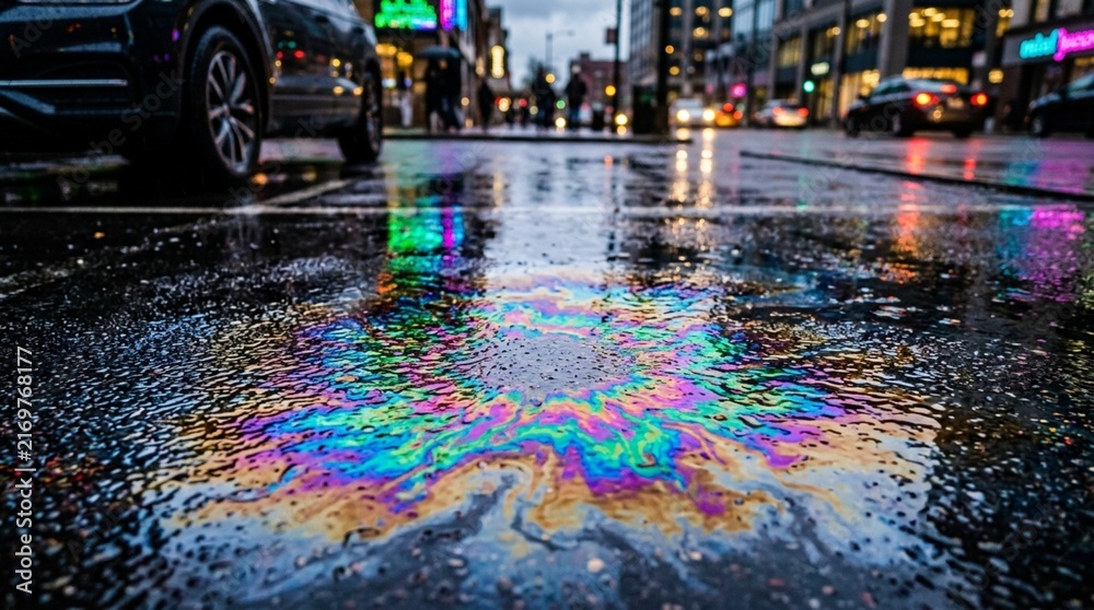 Fototapeta premium Oil slick on wet city street, colorful reflections, urban background