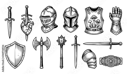 Quadro su tela Medieval Weapons Armor Engraving Dagger Sword Helmet Gauntlet Vector Collection
