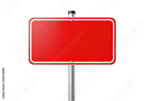 Blank red metal road sign on a metal post isolated on transparent background