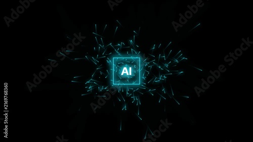 Artificial intelligence concept with glowing digital particles and neon ai symbol motion