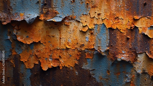 Close-up of peeling paint on weathered metal. Layers of orange and blue hues reveal rust and deterioration on a textured surface