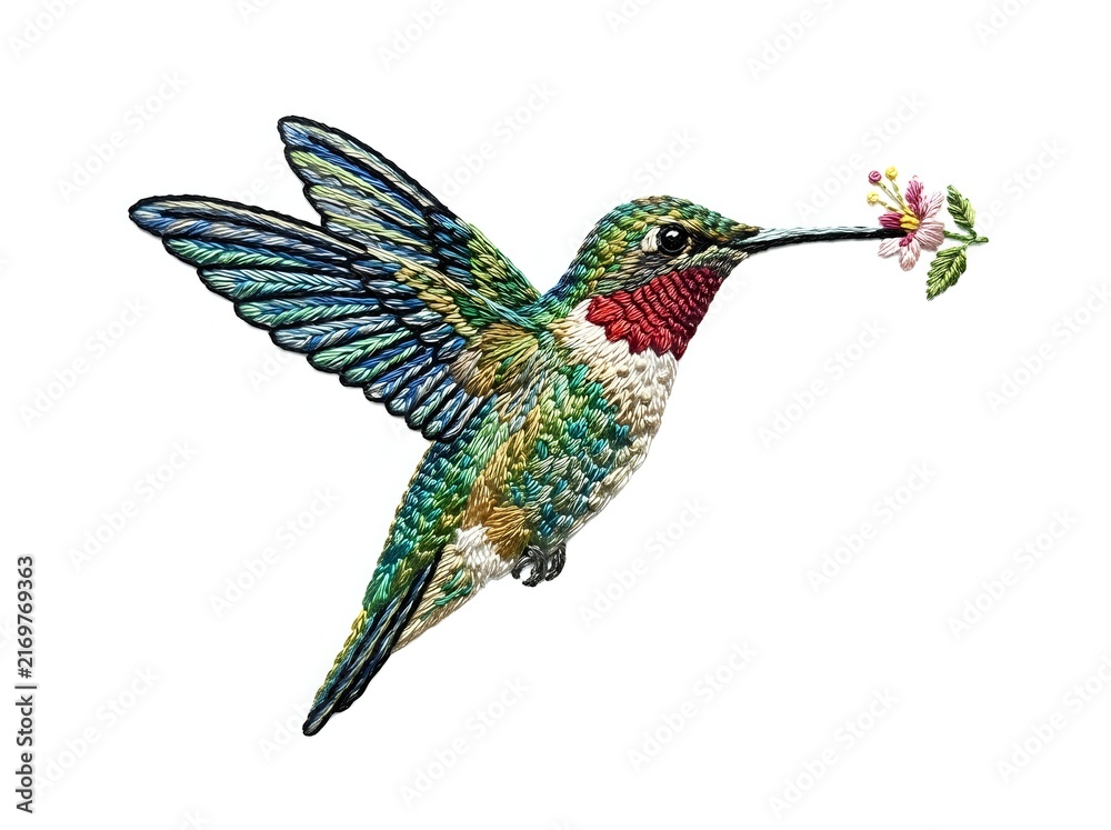 Obraz premium Emerald hummingbird with iridescent green plumage and ruby red throat