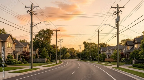 Suburban street with overhead power lines at sunset, residential neighborhood scene.