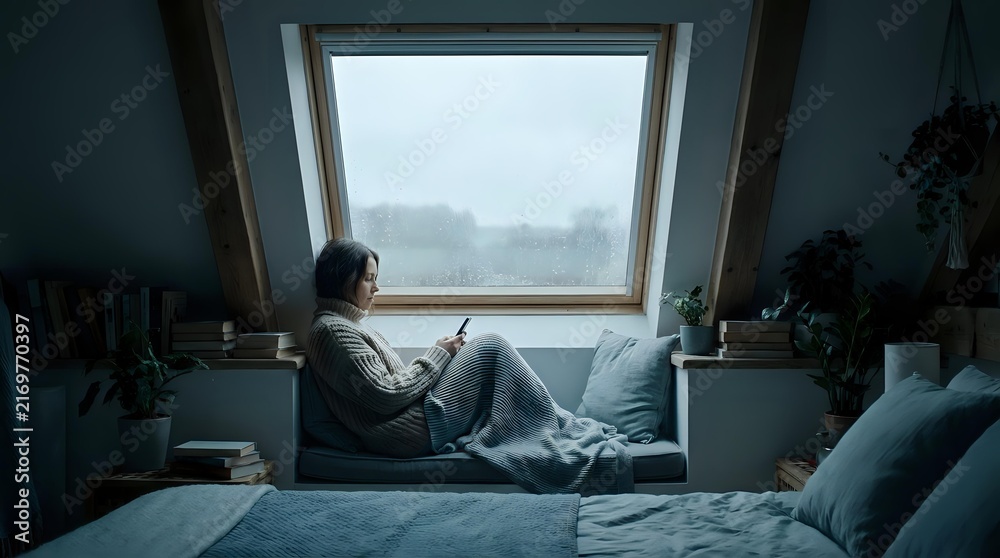 Obraz premium Woman sitting on window seat with laptop, relaxing by large window