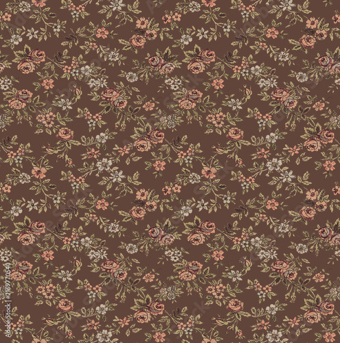 Cuadro en lienzo Vintage floral seamless pattern with small roses and wildflowers on a dark brown