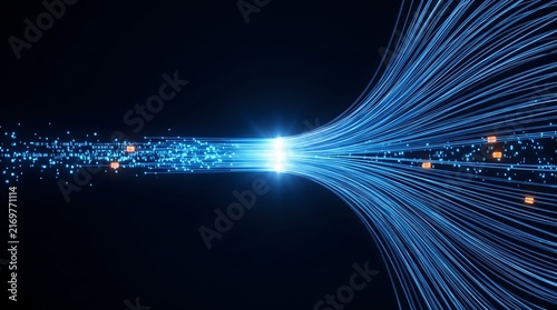 Digital binary data particles transforming into glowing blue fiber optic light streams illustrating high speed network communication