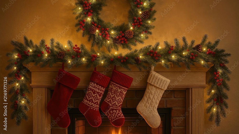 Naklejka premium Cozy festive fireplace with stockings.