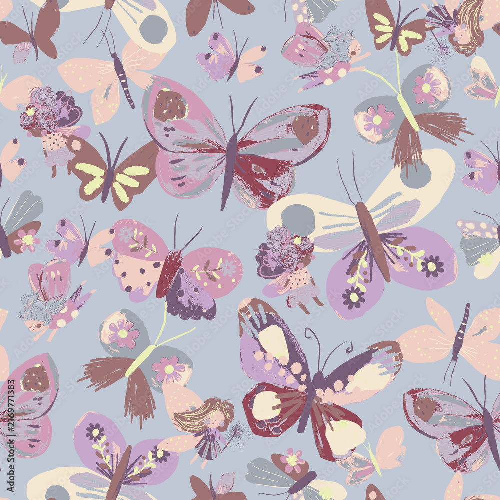 Fototapeta premium Seamless pattern with cute fairies and butterflies in pastel colors, whimsical handdrawn illustration for childrens fabric, wallpaper, and nursery decor