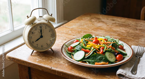 Healthy green vegetable salad on a ceramic plate next to a classic vintage alarm clock illustrating meal timing and intermittent fasting concept