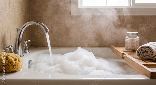 Clean water flows from a chrome faucet into a freestanding bathtub filled with fragrant foam and dense steam creating a relaxing wellness spa atmosphere