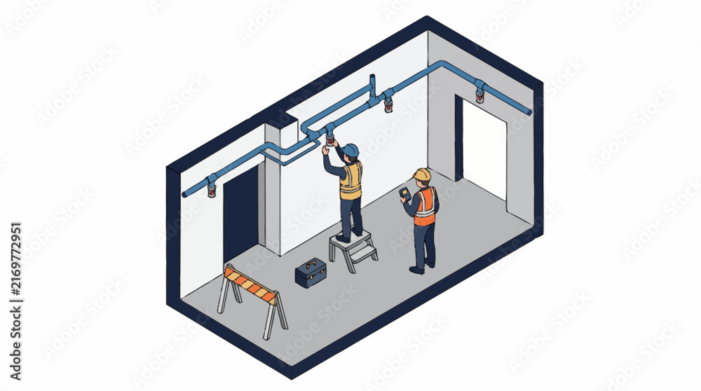 Obraz premium Construction workers installing pipes in a modern building.