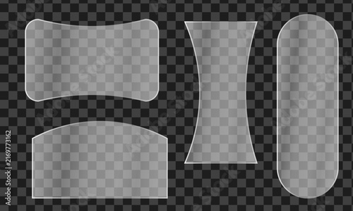 Set of various transparent glass shapes isolated on a dark checkered background for graphic design projects