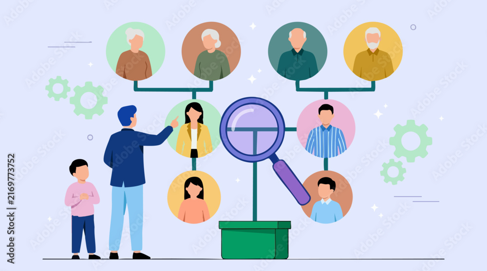 Fototapeta premium Man and child exploring family tree with magnifying glass, genealogy research