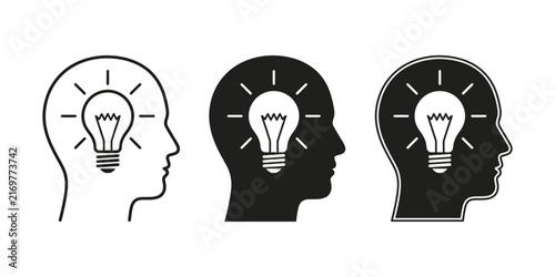 Human head profile icons with light bulb idea symbols
