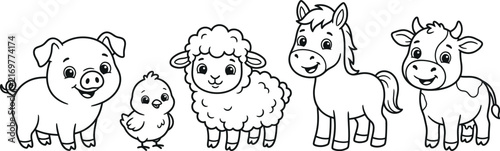 Cute farm animals coloring page for kids