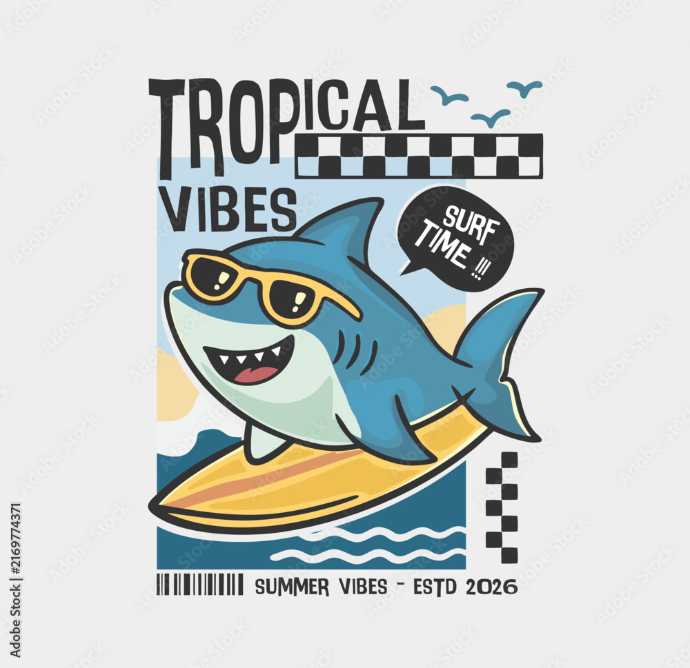 Fototapeta premium Cute tropical summer shark surfing on a colorful surfboard with playful hand drawn beach typography, vector illustration