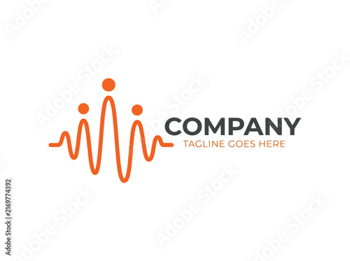 Abstract sound wave logo with three people icons and company text.
