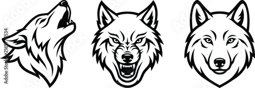 Set of three black and white wolf head illustrations