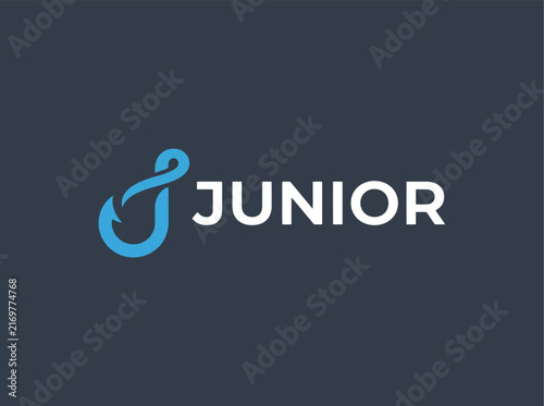 Abstract blue fishing hook symbol with the word Junior.