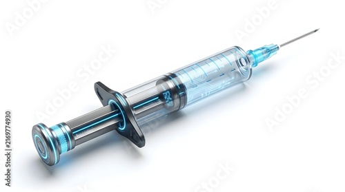 A single medical syringe with a needle isolated on a white background for healthcare and vaccination concepts