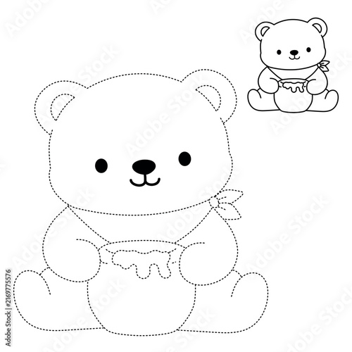 Trace and color Cute Bear and Honey Jar Coloring Page for Kids