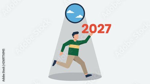 Foto Man reaching for future year 2027, conceptual illustration of goals