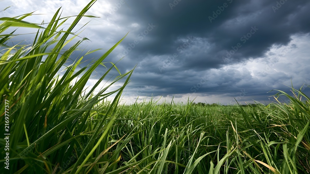 Obraz premium Dark storm clouds loom over a vibrant green field of tall grass swaying in the wind under an overcast sky