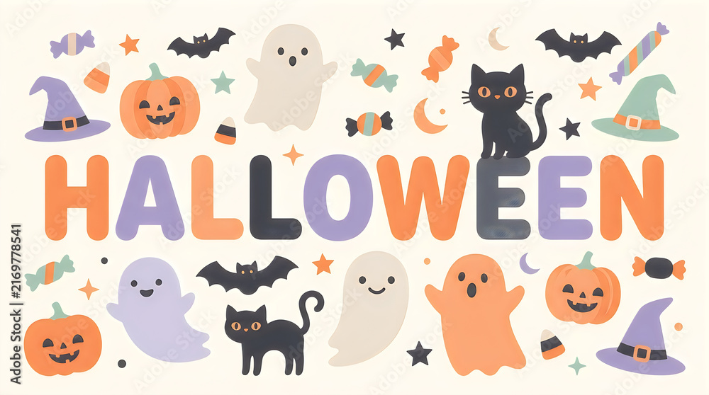 Obraz premium Cute Halloween illustration with ghosts, cats, pumpkins, bats, and colorful text.