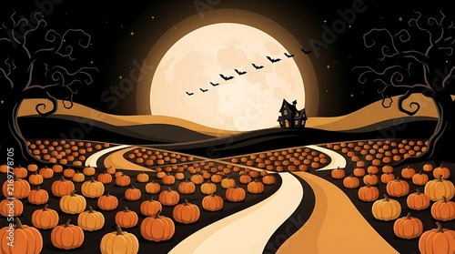 A whimsical illustration of a pumpkin patch at night with a large glowing full moon and silhouette trees