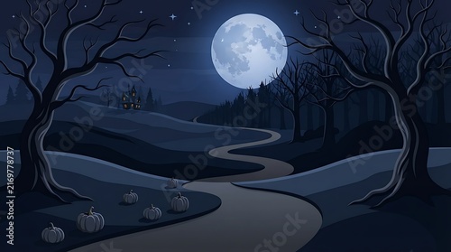 A spooky halloween landscape featuring a winding path through a dark forest under a glowing full moon