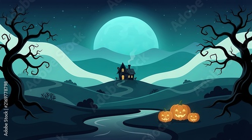 Spooky halloween night landscape with a haunted house silhouette glowing pumpkins and a full moon in the dark sky