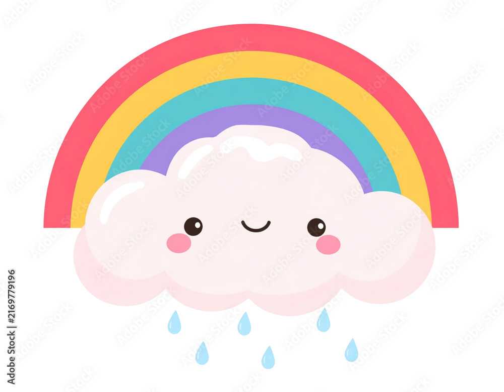 Fototapeta premium Cute kawaii cloud character smiling with colorful rainbow and rain drops illustration