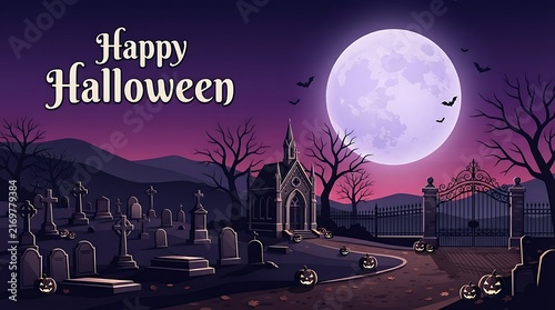 Happy halloween greeting card with a spooky graveyard landscape featuring a full moon and flying bats